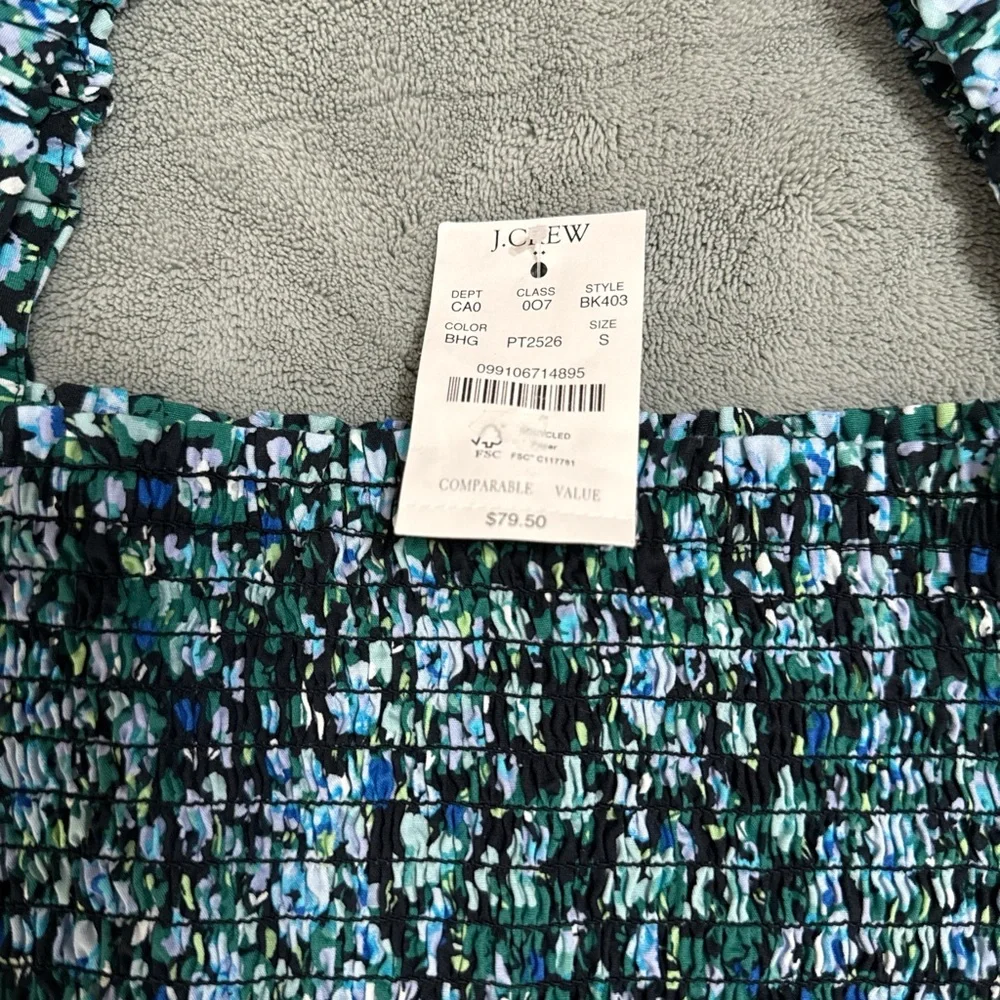 J. Crew Navy Blue & Green Floral Smocked Puff-Sleeve Top